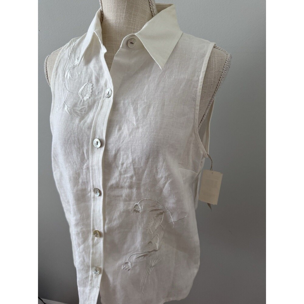 VTG‎ Uniform John Paul Richard Sandwashed LINEN Sleeveless Blouse Embroidered -M - Picture 2 of 7